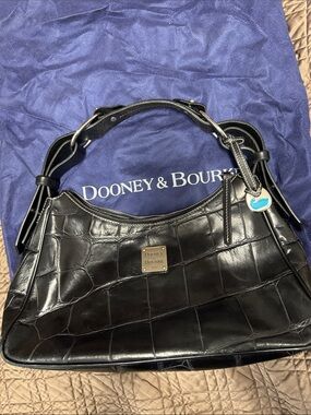 Dooney & Bourke Black Croc-Embossed Shoulder Bag with Silver Hardware